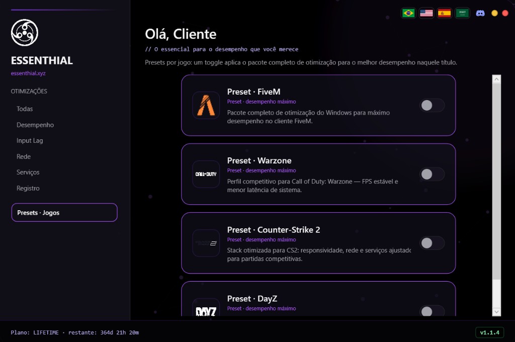 Presets de jogos no ESSENTHIAL