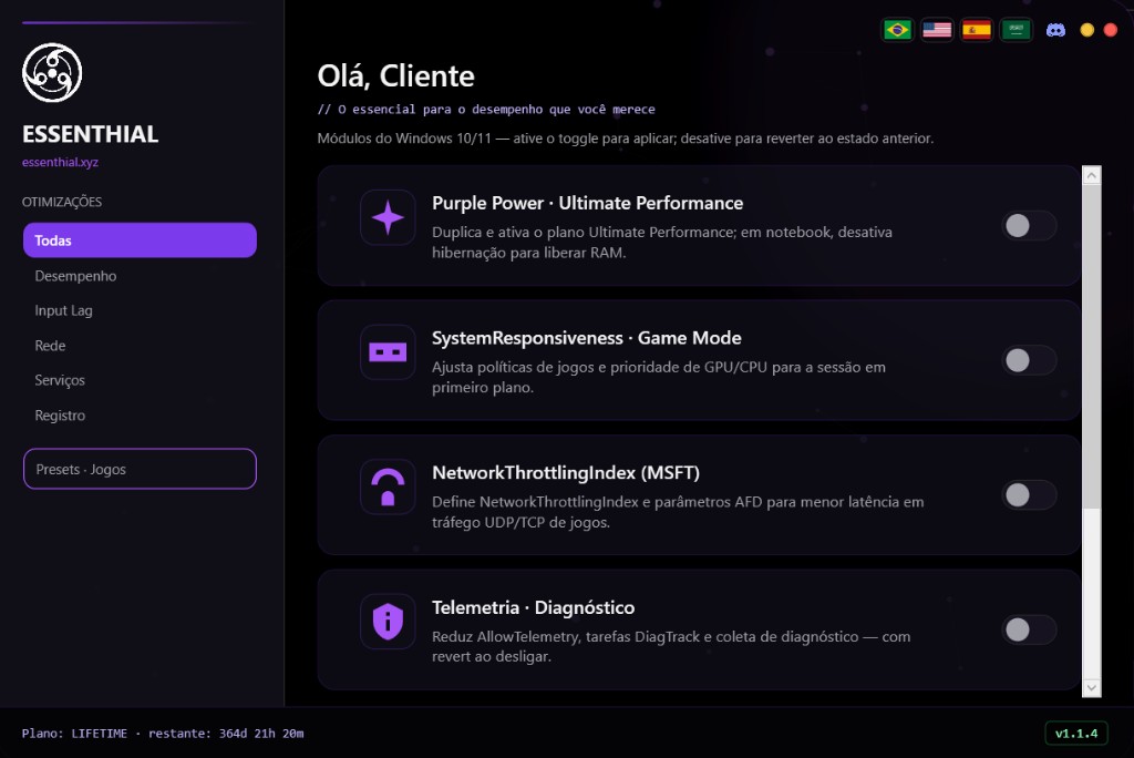 Tela de otimizações do ESSENTHIAL no Windows